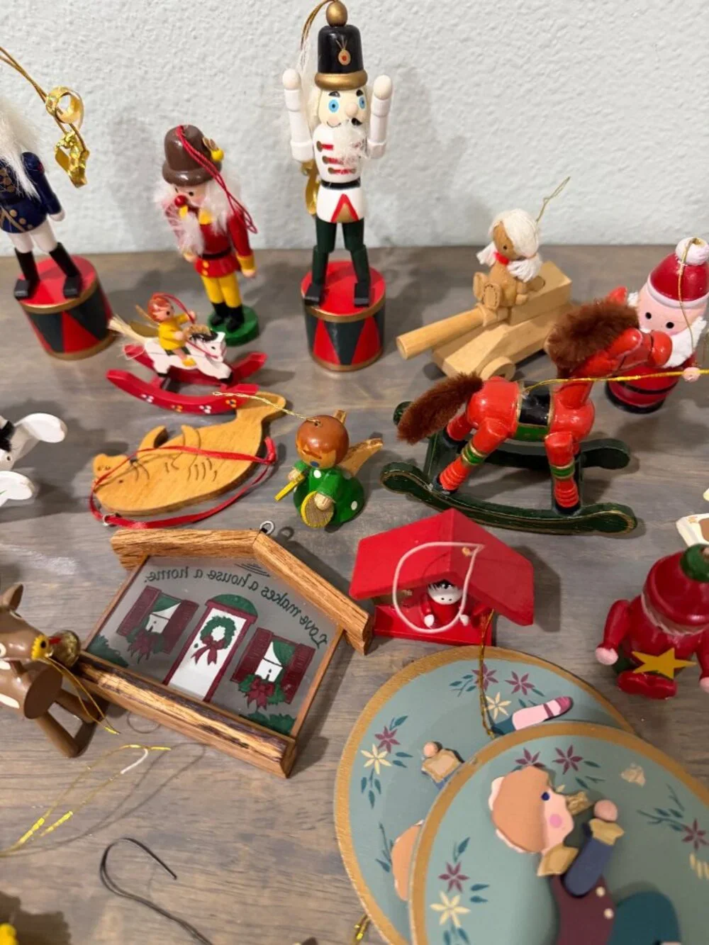 Vintage Wooden Christmas Ornaments Lot 35 Rocking Horses Soldiers Santa Ducks